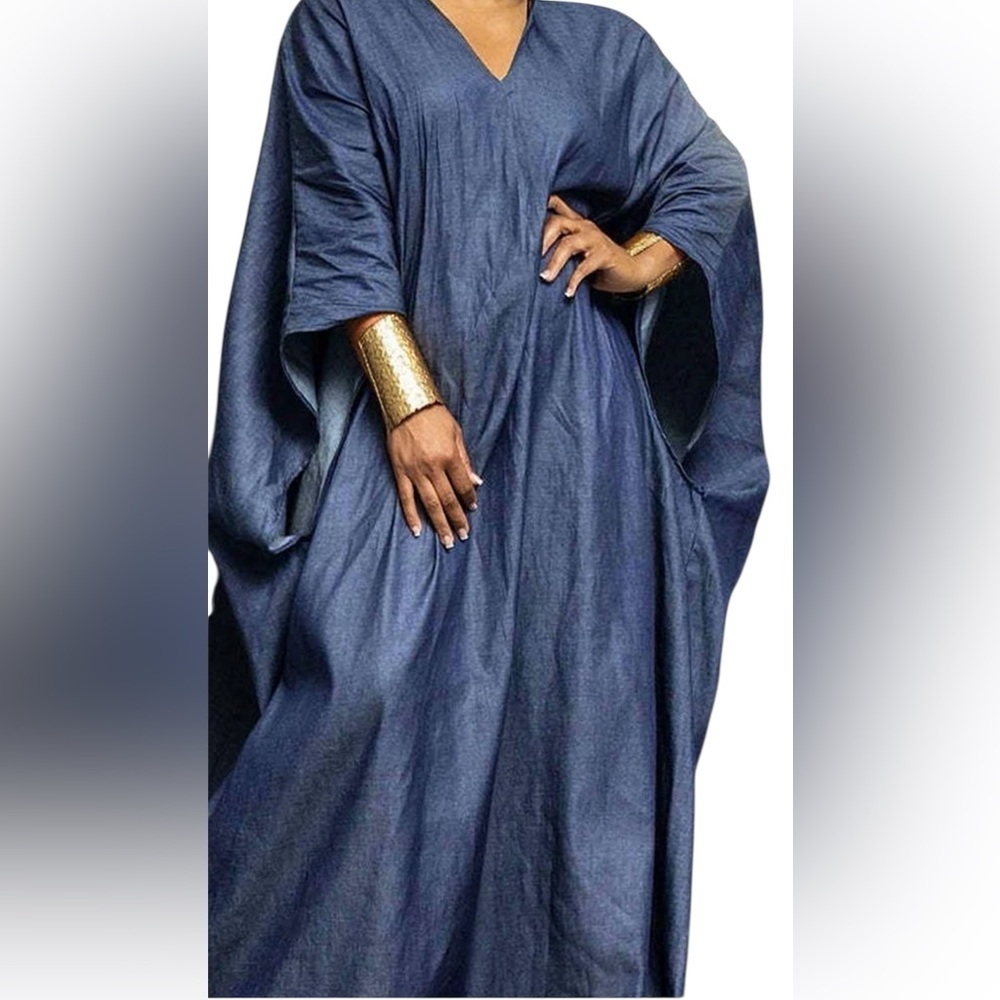 Vintage style Rayon  Long KAFTAN  MAXI DRESS Blue One Size